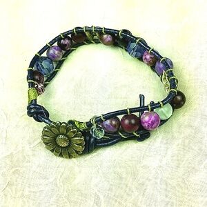 Purple Leather beaded bracelet silver button clasp